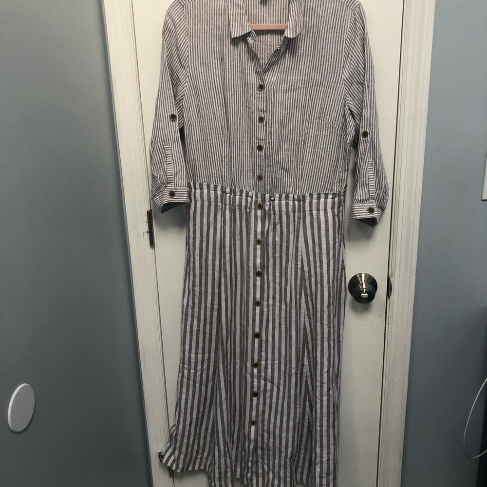 J. Jill Love Linen Striped Full Button Front 100% Linen Tan Maxi Dress Size M